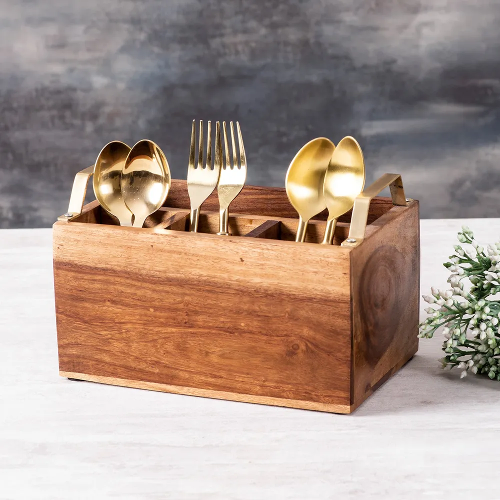 Brown Decorative Teak Wood Cutlery Holder