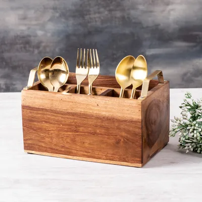 Brown Decorative Teak Wood Cutlery Holder