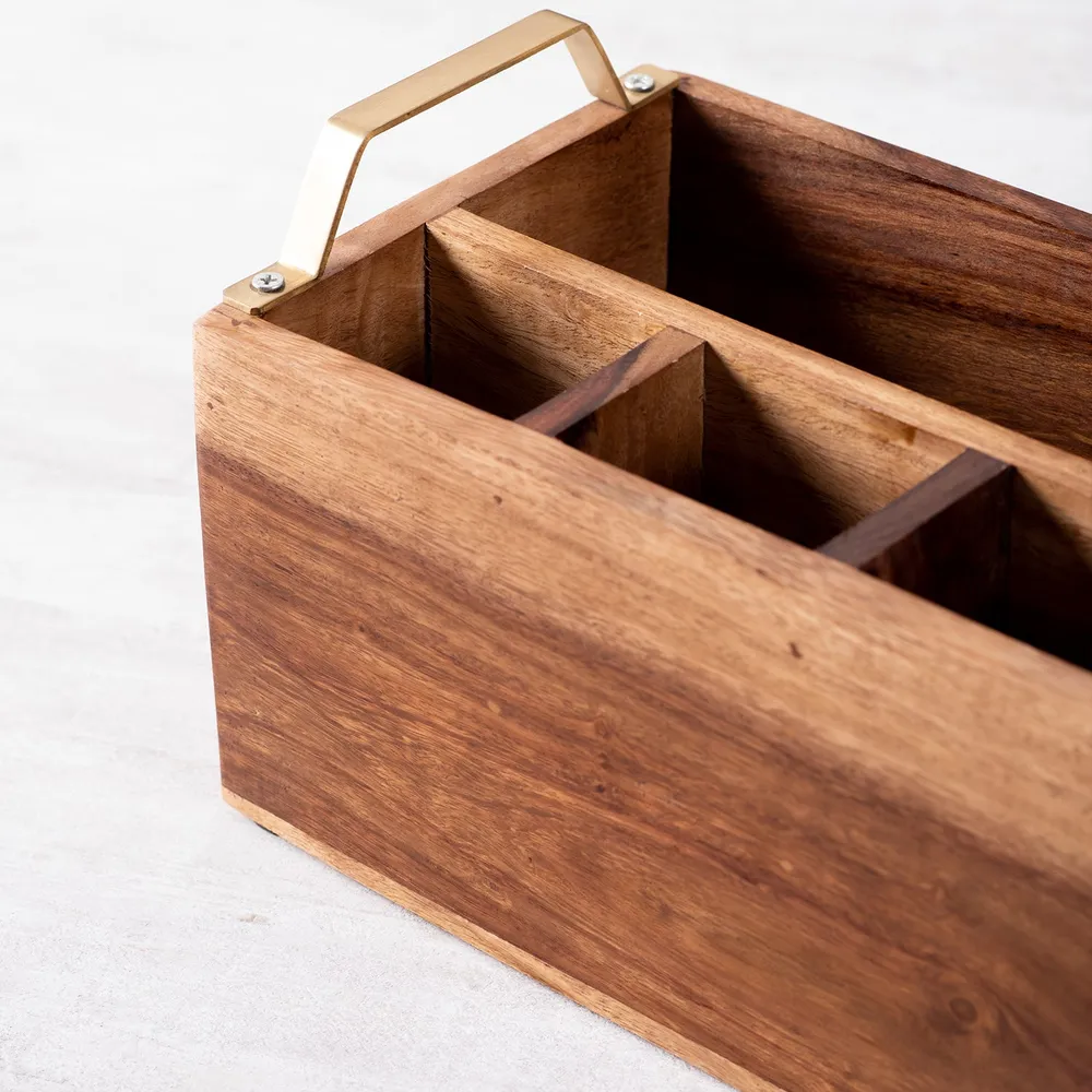 Brown Decorative Teak Wood Cutlery Holder