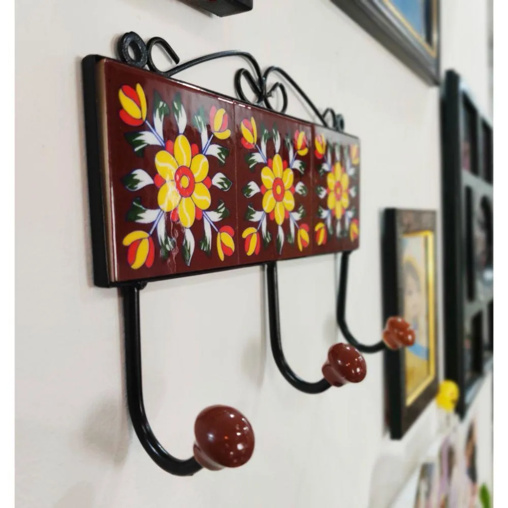 Brown Designer Ceramic Wrought Iron Wall Hook - Set of 2