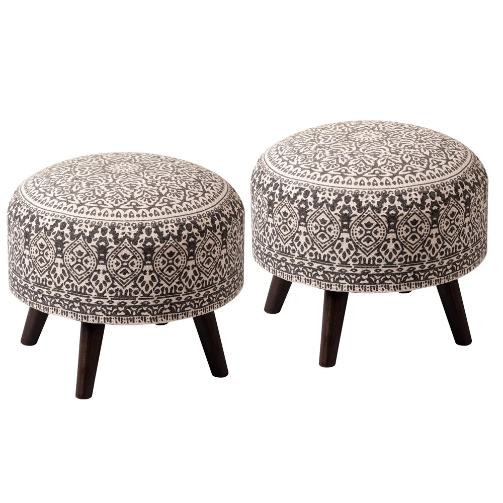 Brown Ethnic Print Round Upholstered Ottoman Wood Stool Set Of 2