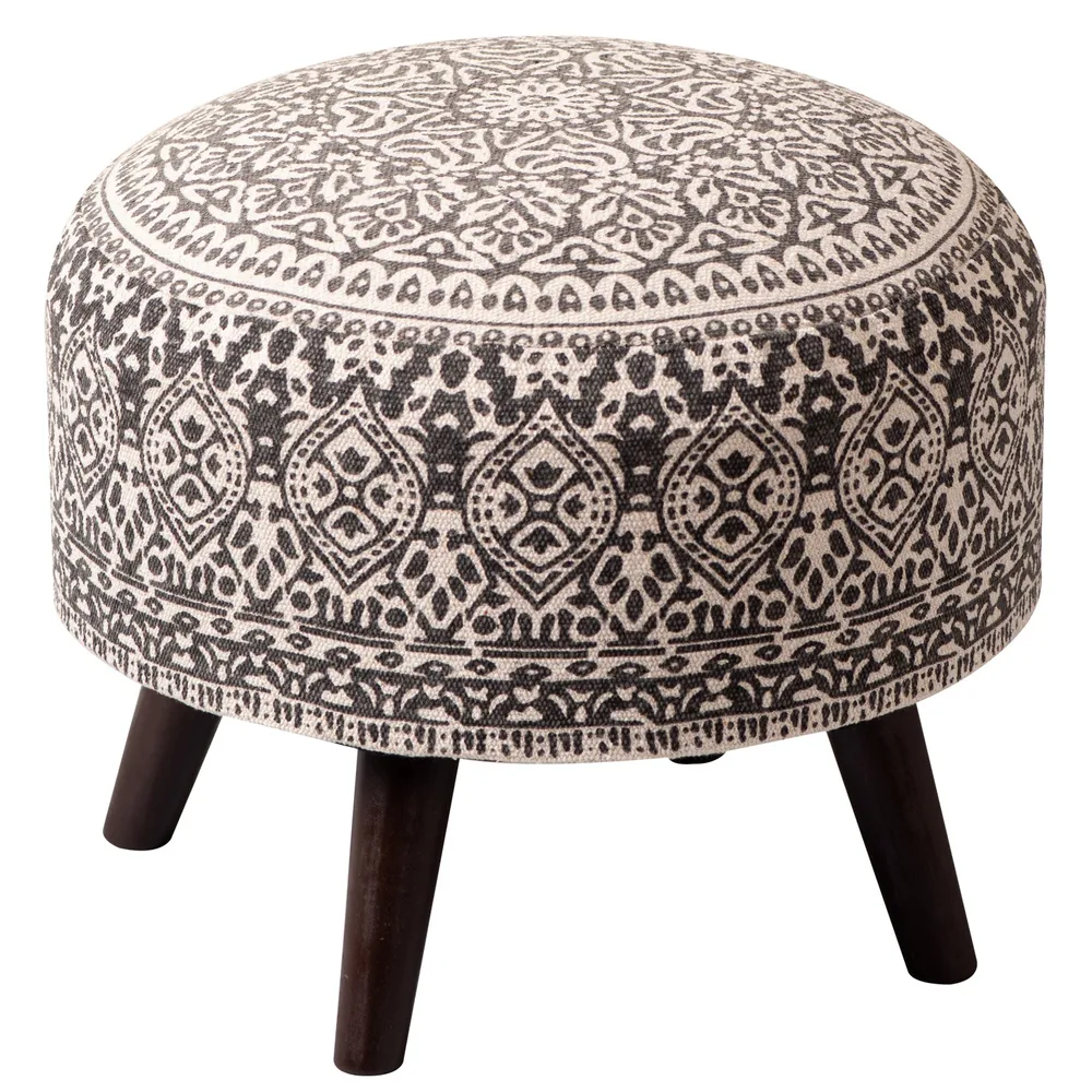 Brown Ethnic Print Round Upholstered Ottoman Wood Stool Set Of 2