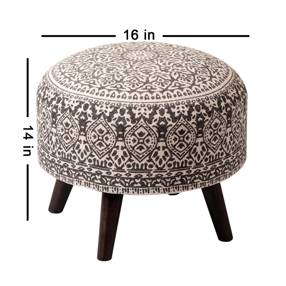 Brown Ethnic Print Round Upholstered Ottoman Wood Stool Set Of 2