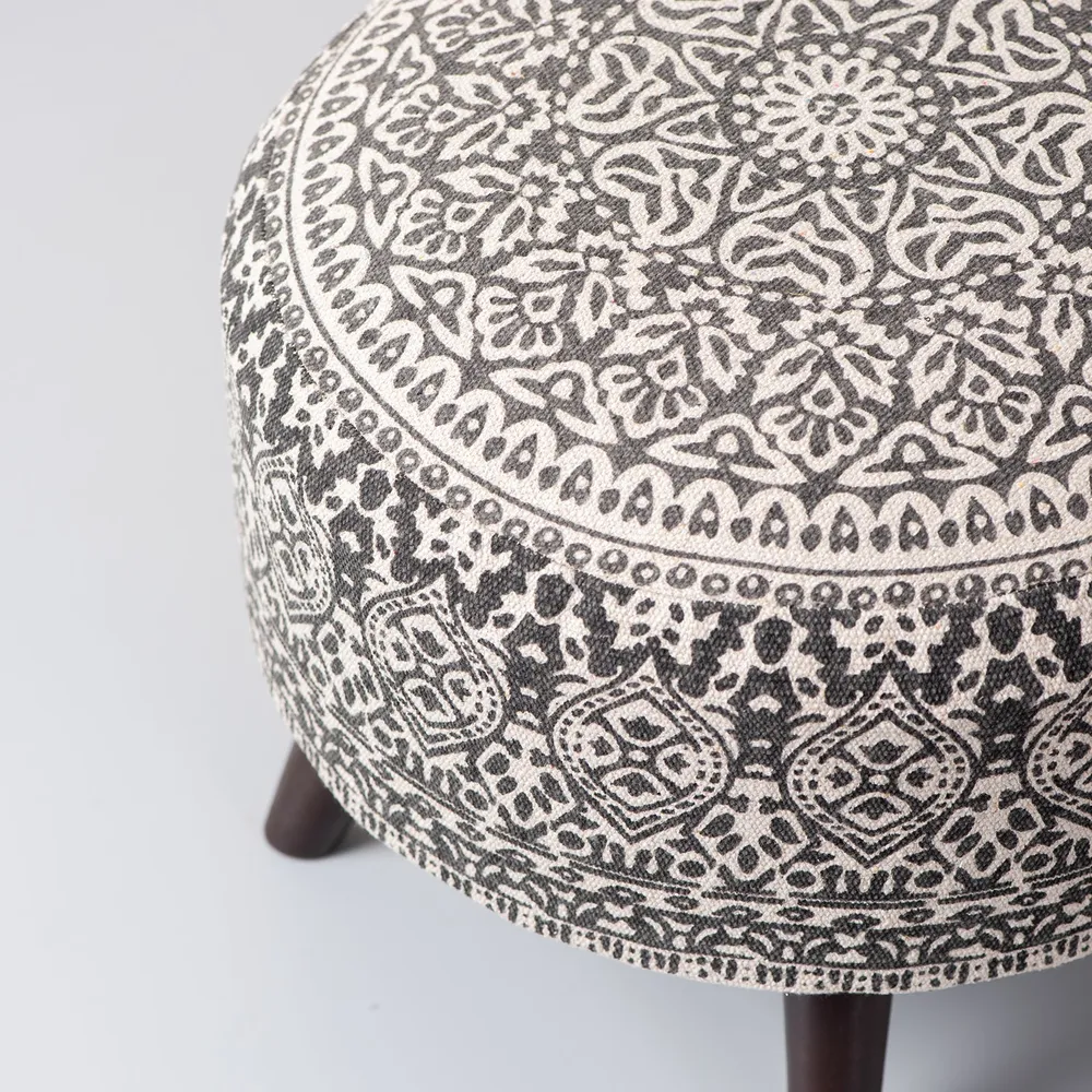 Brown Ethnic Print Round Upholstered Ottoman Wood Stool Set Of 2