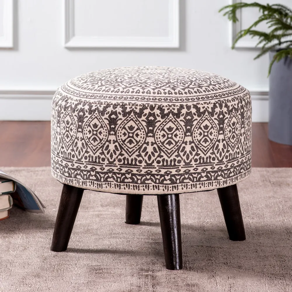 Brown Ethnic Print Round Upholstered Ottoman Wood Stool Set Of 2