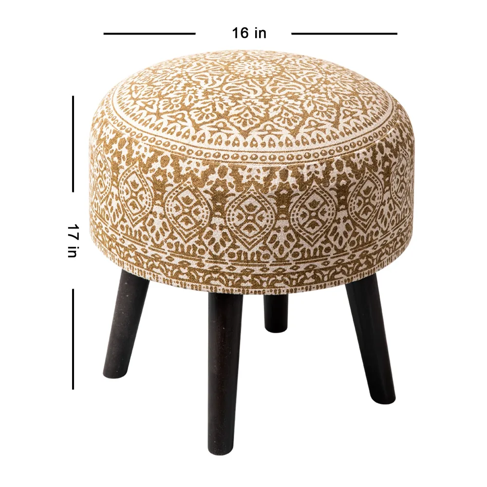Brown Ethnic Print Round Upholstered Wood Stool Set Of 2