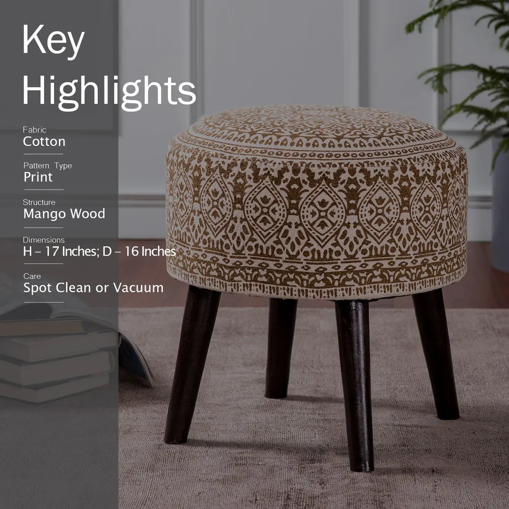 Brown Ethnic Print Round Upholstered Wood Stool Set Of 2