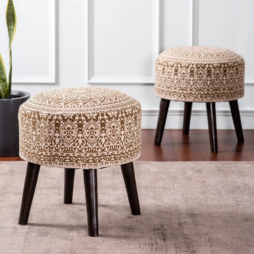 Brown Ethnic Print Round Upholstered Wood Stool Set Of 2