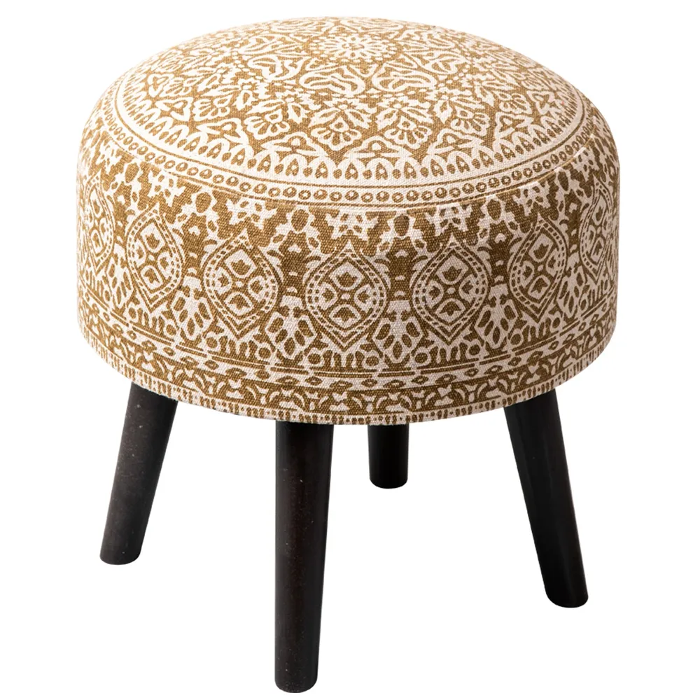 Brown Ethnic Print Round Upholstered Wood Stool Set Of 2