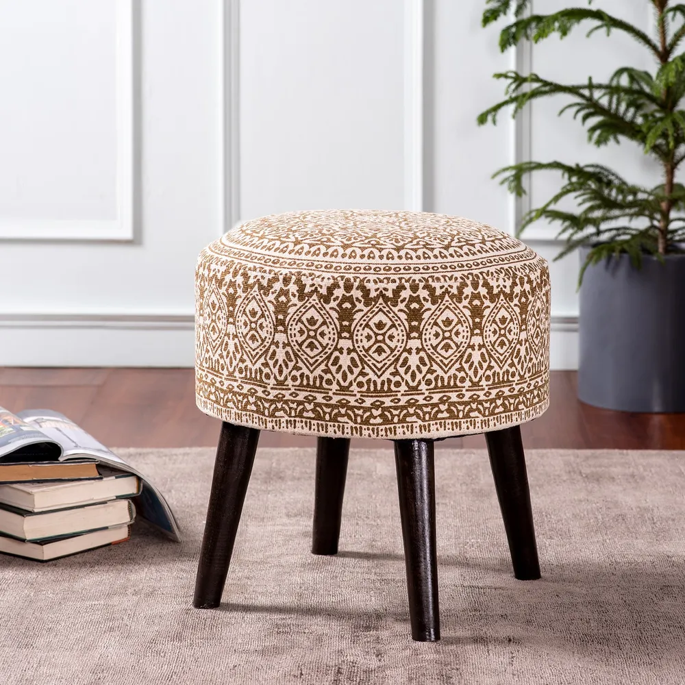 Brown Ethnic Print Round Upholstered Wood Stool Set Of 2