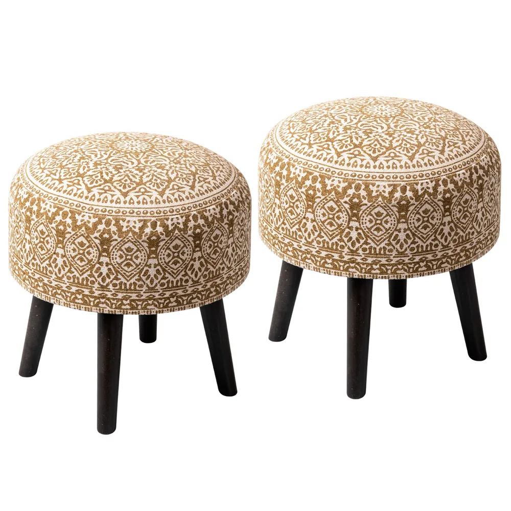 Brown Ethnic Print Round Upholstered Wood Stool Set Of 2