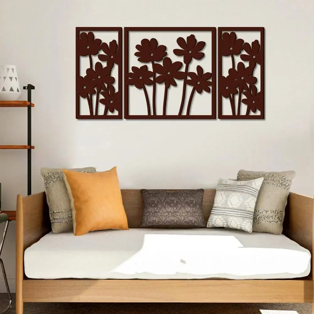 Brown Flowers Design Wooden Wall Hanging, Living Room Wooden Wall Decoration Medium(18 inch X 40 inch)