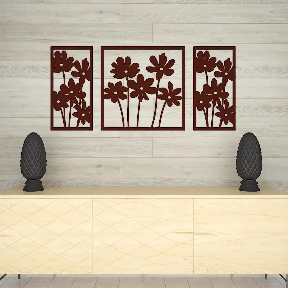 Brown Flowers Design Wooden Wall Hanging, Living Room Wooden Wall Decoration Medium(18 inch X 40 inch)