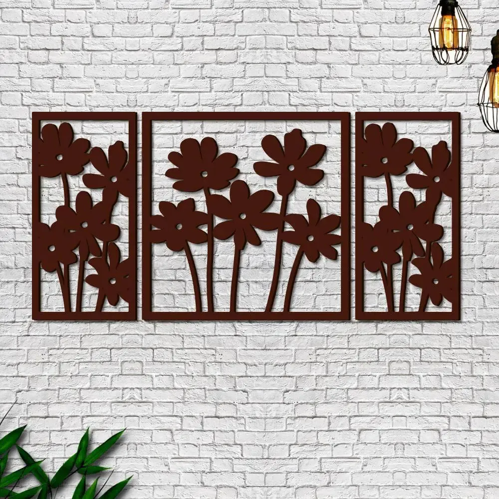 Brown Flowers Design Wooden Wall Hanging, Living Room Wooden Wall Decoration Medium(18 inch X 40 inch)