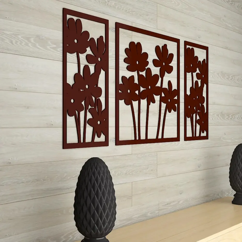 Brown Flowers Design Wooden Wall Hanging, Living Room Wooden Wall Decoration Medium(18 inch X 40 inch)
