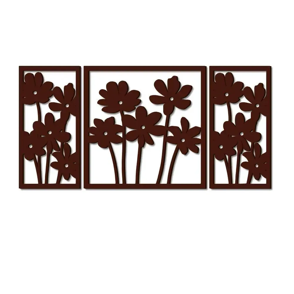 Brown Flowers Design Wooden Wall Hanging, Living Room Wooden Wall Decoration Medium(18 inch X 40 inch)