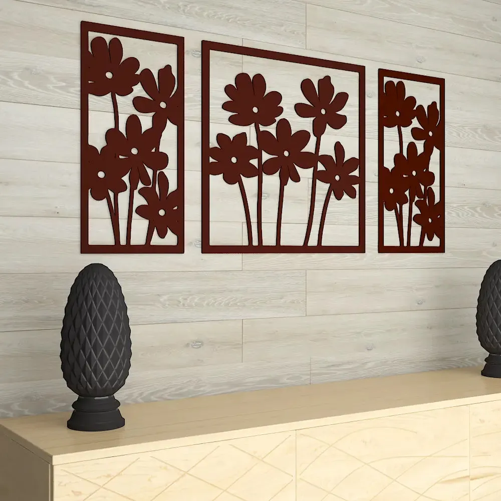 Brown Flowers Design Wooden Wall Hanging, Living Room Wooden Wall Decoration Medium(18 inch X 40 inch)