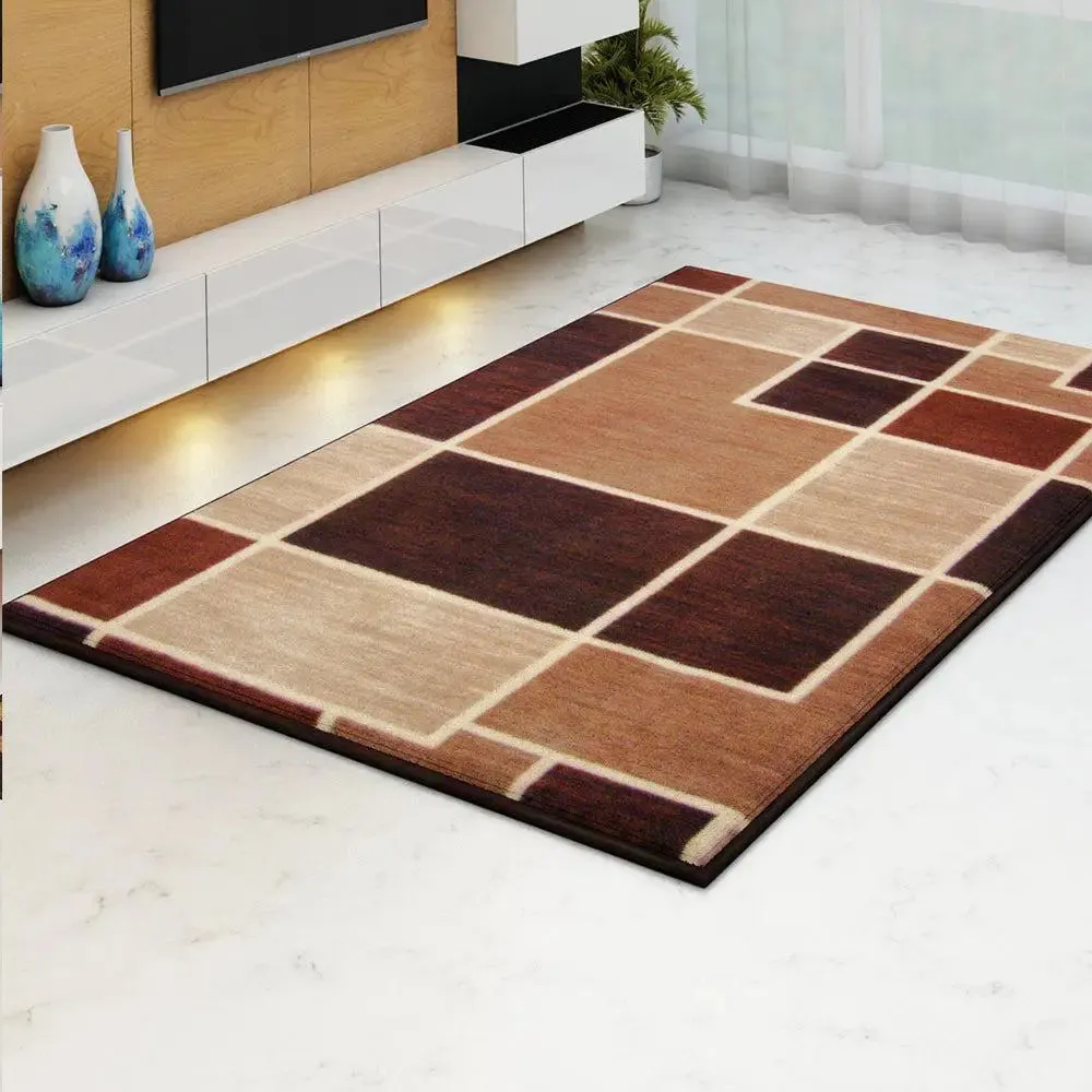 Brown Geometric Boxes Printed Premium Area Carpet ( 3 ft x5 ft & 4 ft x 6 ft ) 3X5 ft