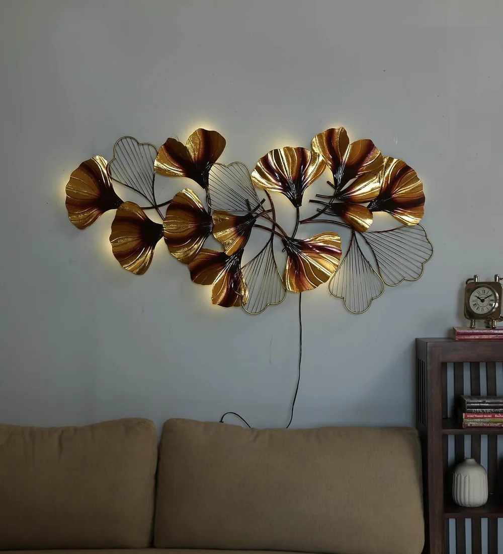 Brown & Golden Floral LED Metal Wall Art