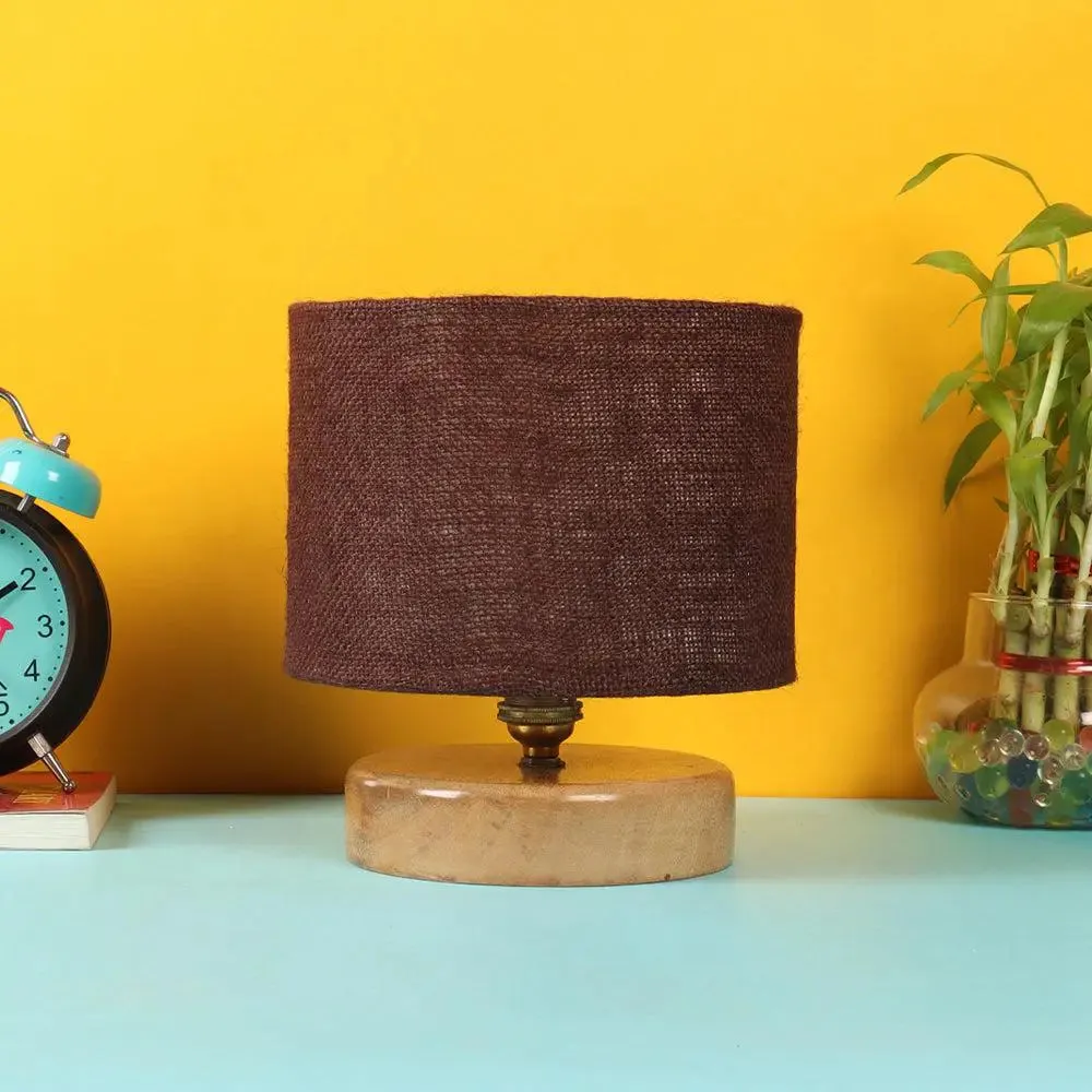 Brown Jute Table Lamp with Wood Base