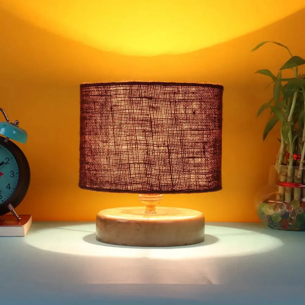 Brown Jute Table Lamp with Wood Base