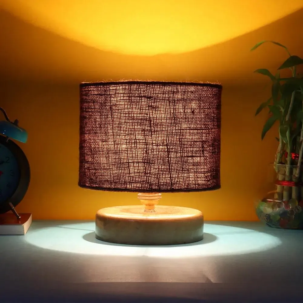 Brown Jute Table Lamp with Wood Base