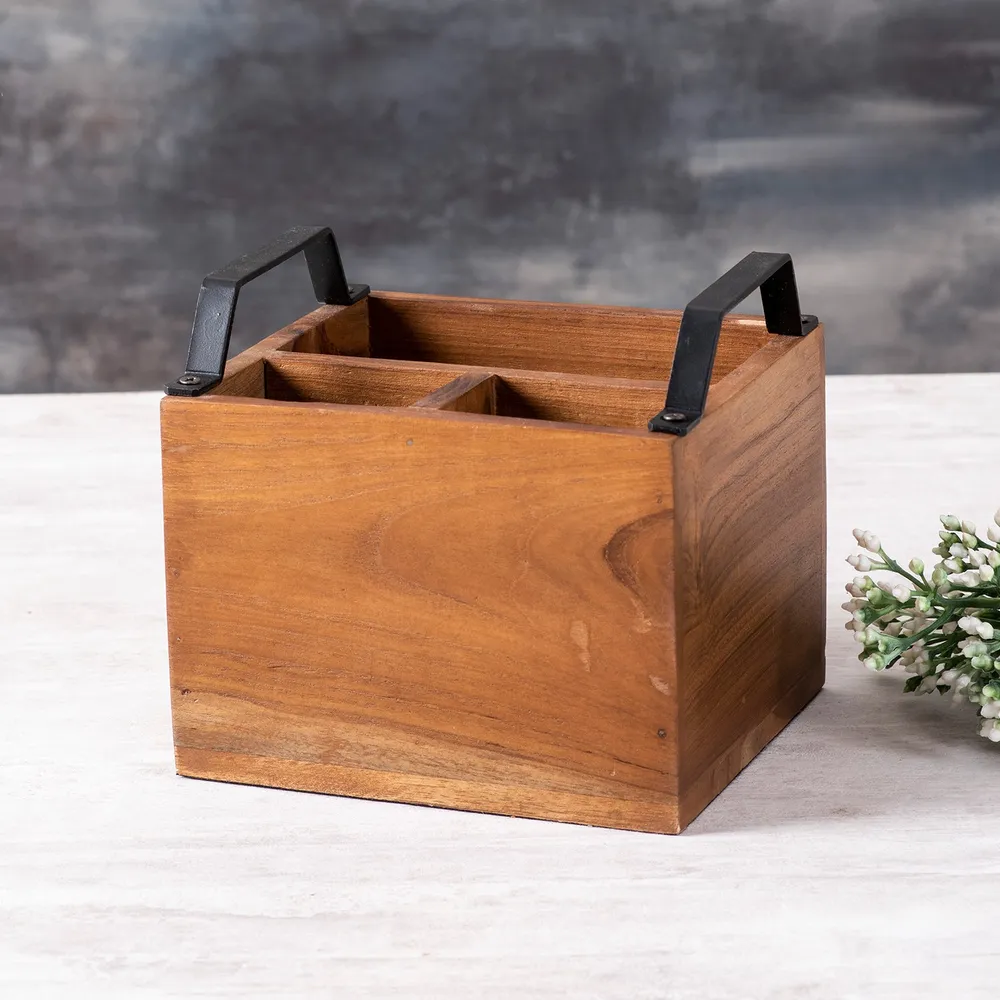 Brown Multipurpose Wooden Cutlery Holder With Black Handle