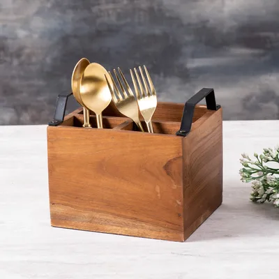 Brown Multipurpose Wooden Cutlery Holder With Black Handle