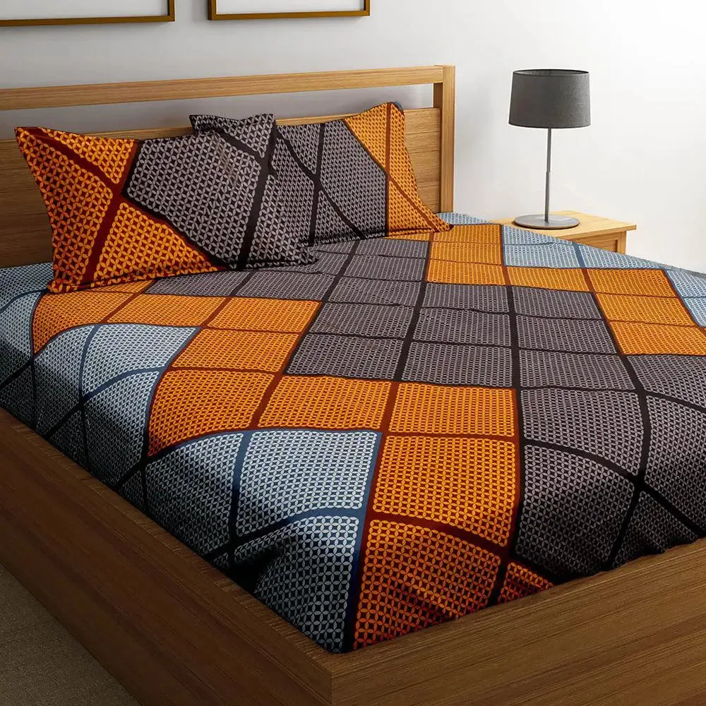 Brown & Orange Square Printed Cotton Double Bedsheet With 2 Pillow Covers