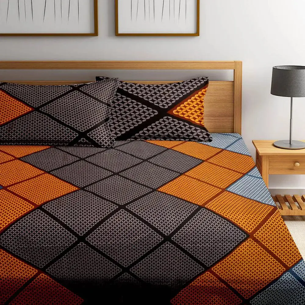 Brown & Orange Square Printed Cotton Double Bedsheet With 2 Pillow Covers