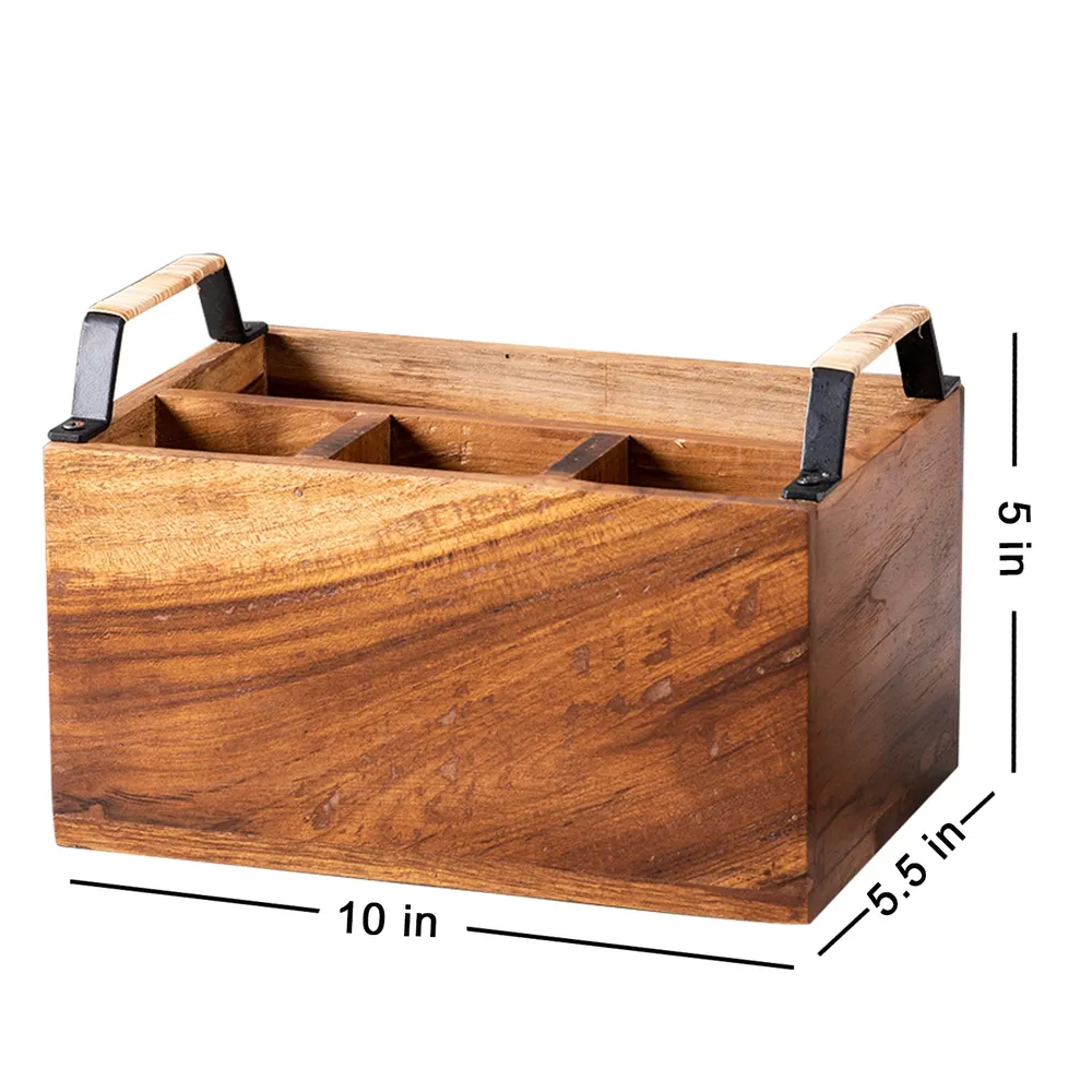 Brown Teak Wood Big Cutlery Holder With Cane