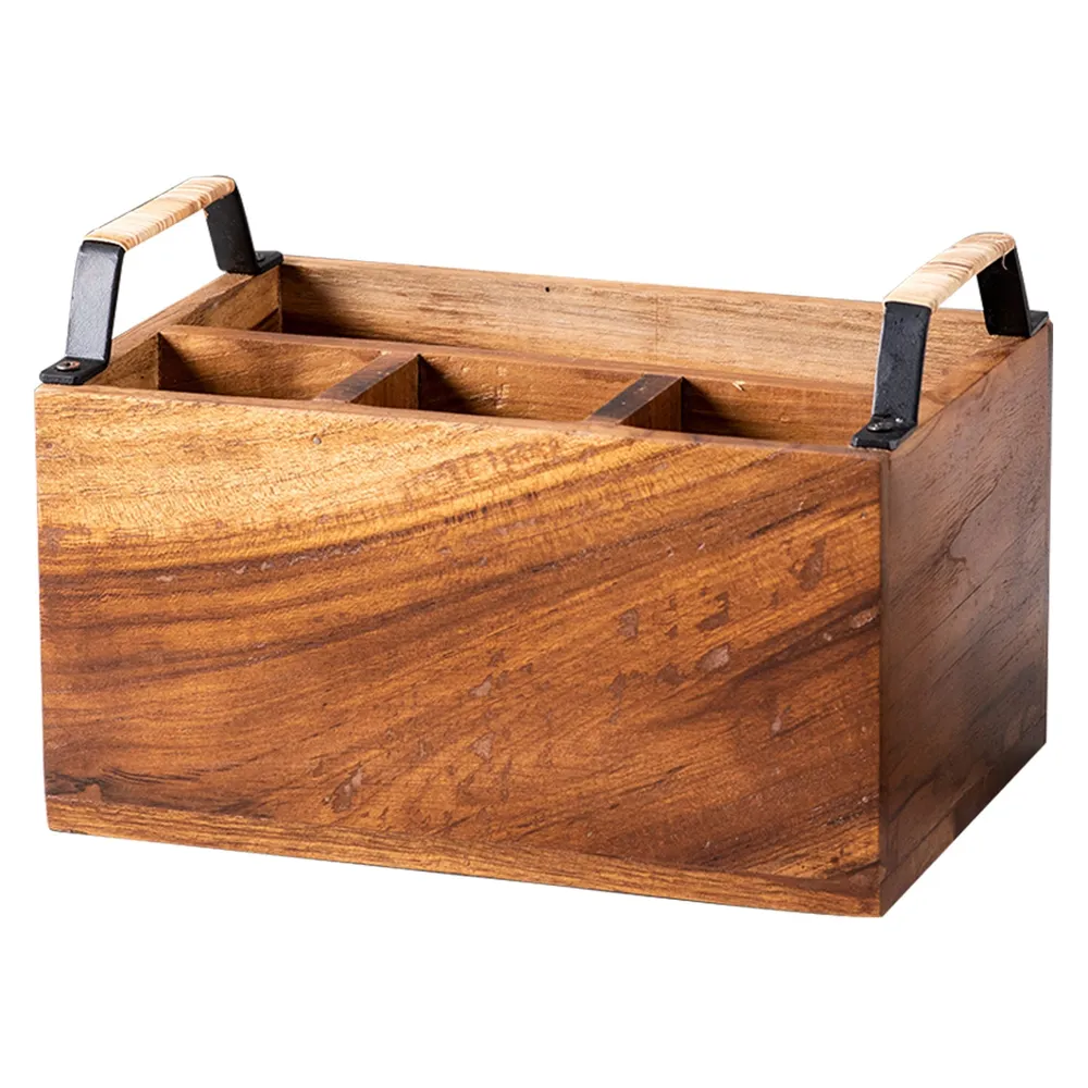 Brown Teak Wood Big Cutlery Holder With Cane