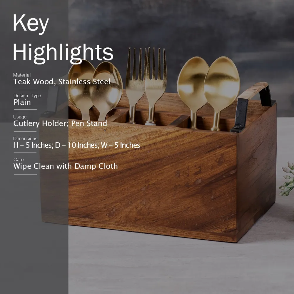 Brown Teak Wood Big Cutlery Holder With Cane