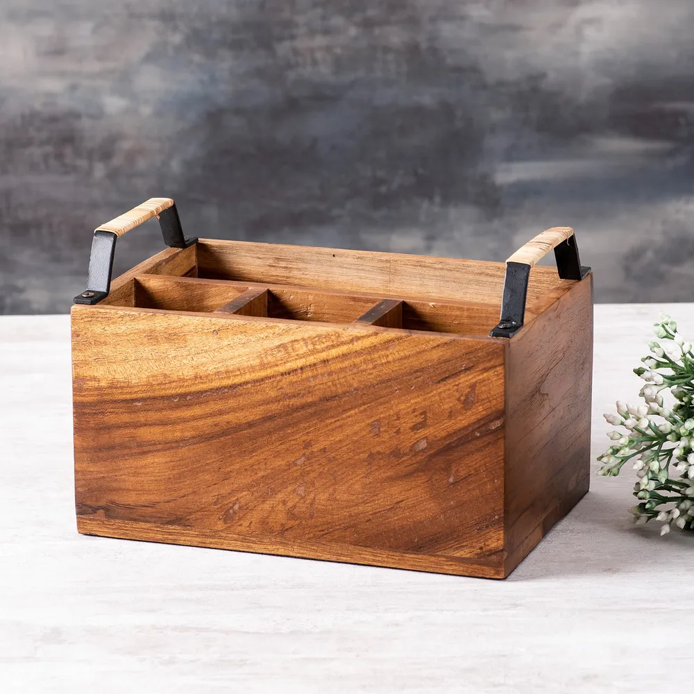 Brown Teak Wood Big Cutlery Holder With Cane