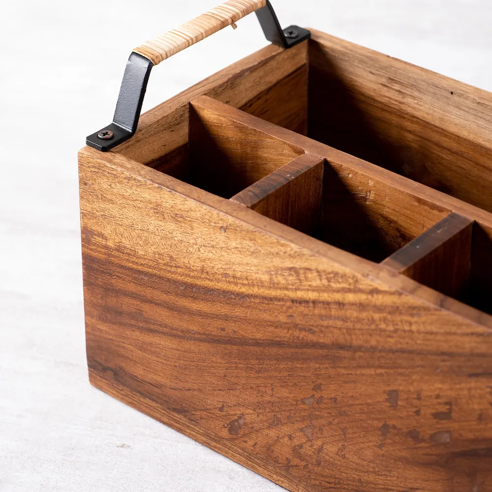 Brown Teak Wood Big Cutlery Holder With Cane