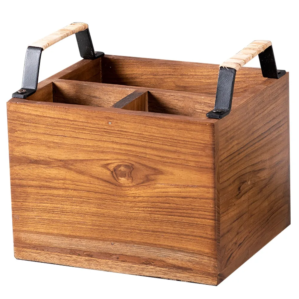 Brown Teak Wood Cutlery Holder With Cane