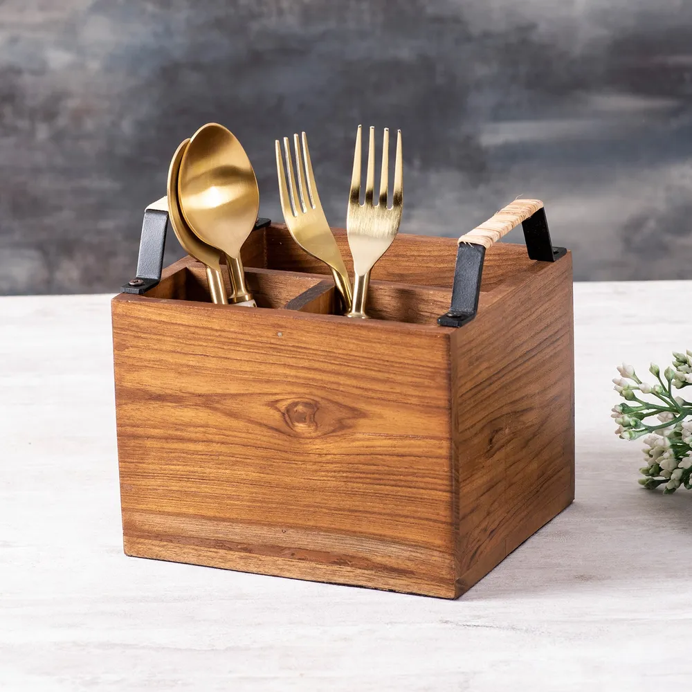 Brown Teak Wood Cutlery Holder With Cane