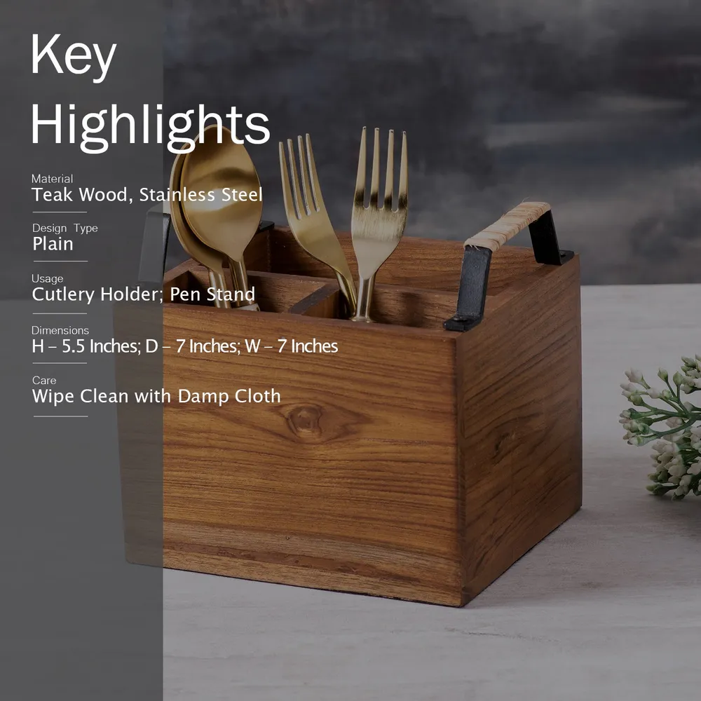 Brown Teak Wood Cutlery Holder With Cane