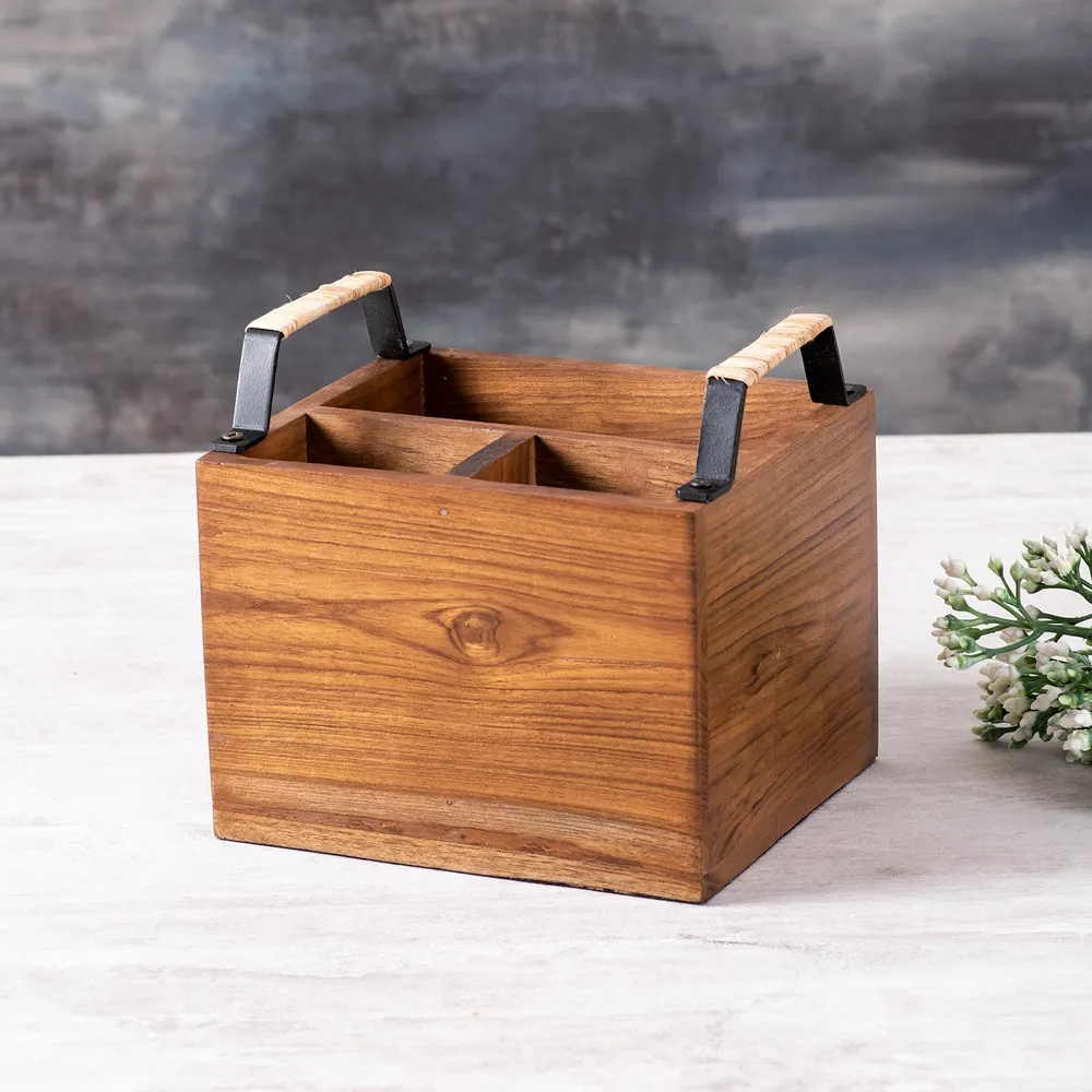 Brown Teak Wood Cutlery Holder With Cane