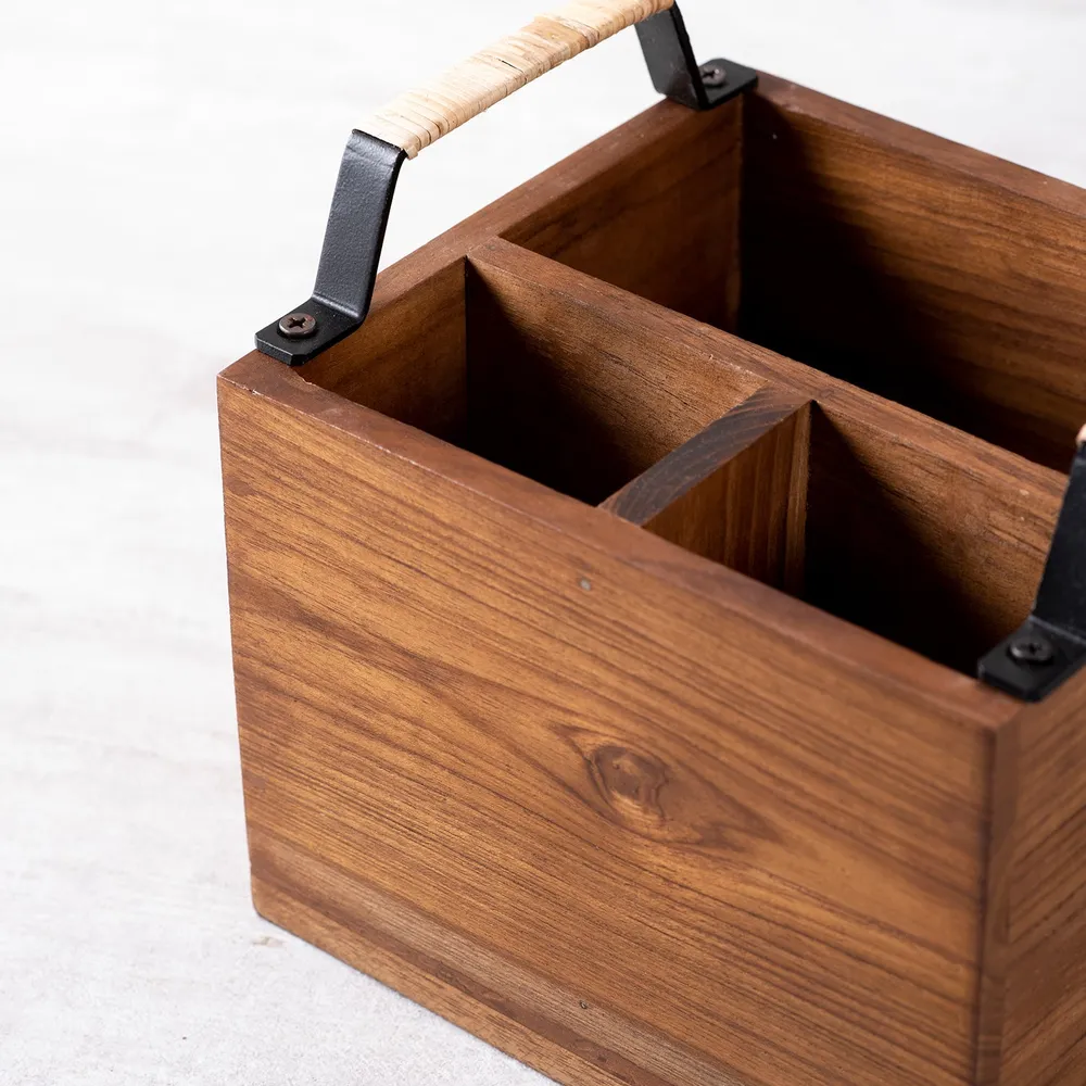 Brown Teak Wood Cutlery Holder With Cane