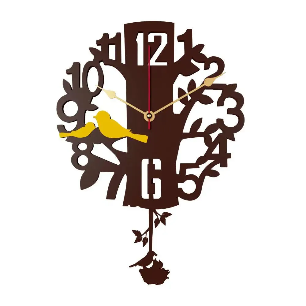 Brown Tree along with Yellow birds Wooden Pendulum Wall Clock
