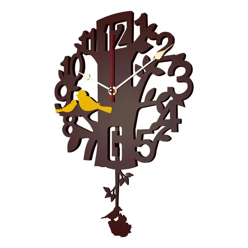 Brown Tree along with Yellow birds Wooden Pendulum Wall Clock