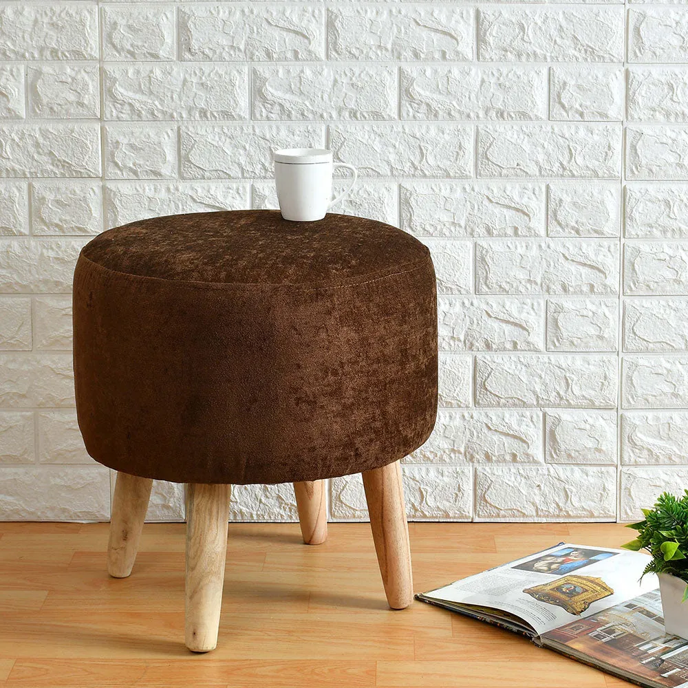 Brown Velvet Solid Wooden Pouffe Stool