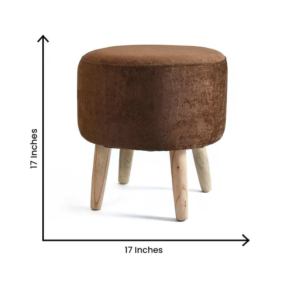 Brown Velvet Solid Wooden Pouffe Stool