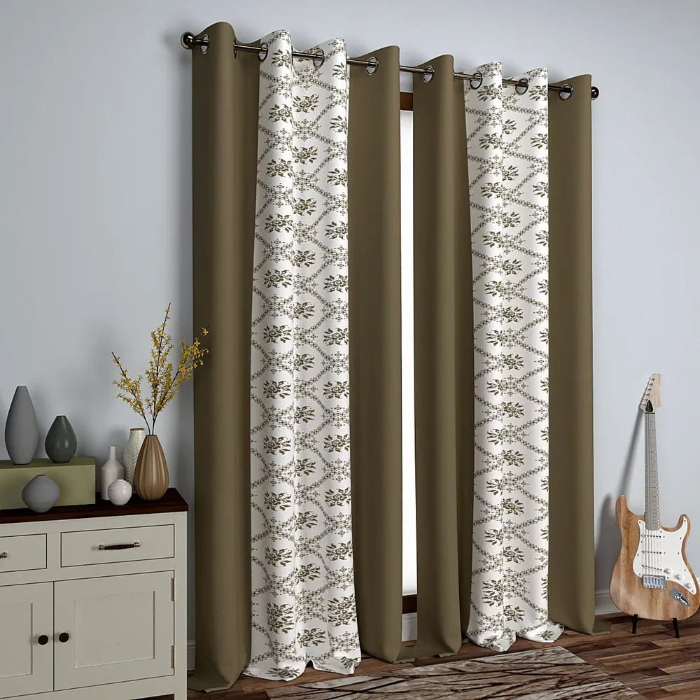 Brown & White Layered Digital Print Designer Window Curtain