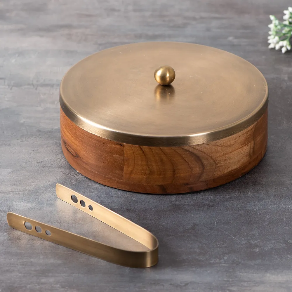 Brown Wooden Casserole/Chapatti Box With Tong