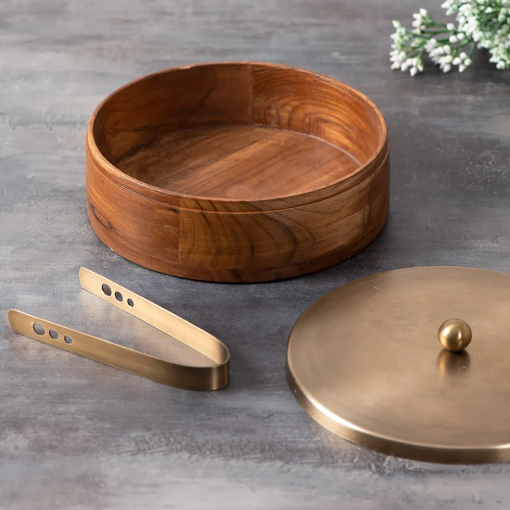 Brown Wooden Casserole/Chapatti Box With Tong