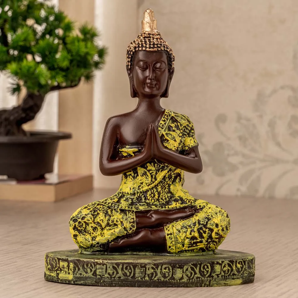 Brown & Yellow Toned Detailed Meditating Decorative Buddha Showpiece