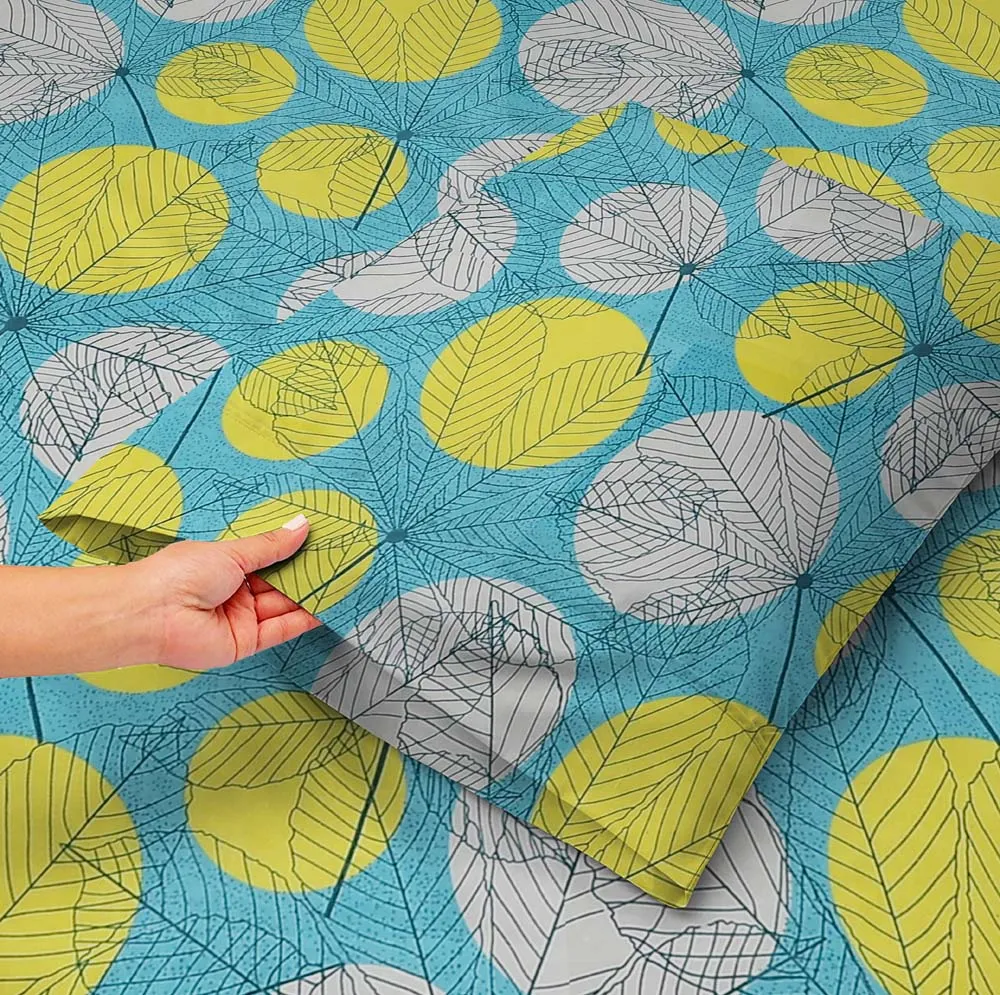 BSB Home Blue & Yellow Bold Leaves Printed Cotton Double Fitted Bedsheet