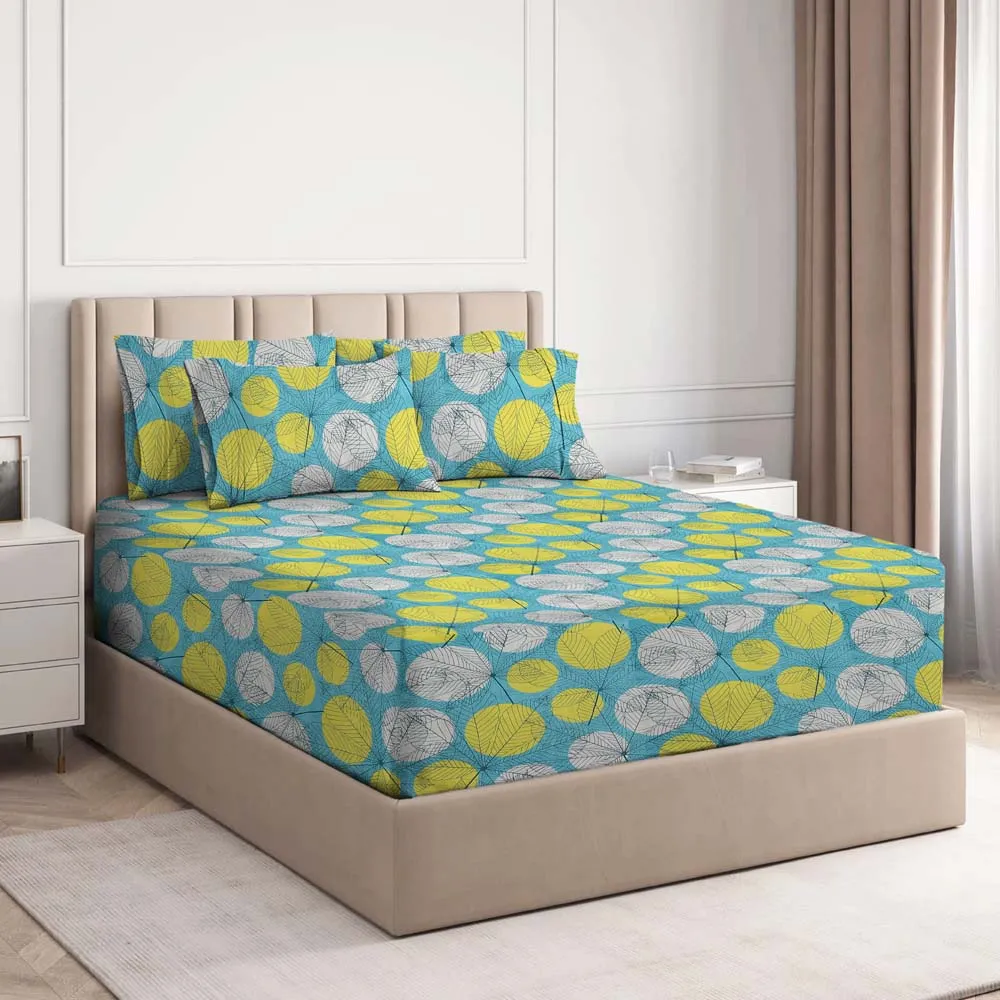 BSB Home Blue & Yellow Bold Leaves Printed Cotton Double Fitted Bedsheet